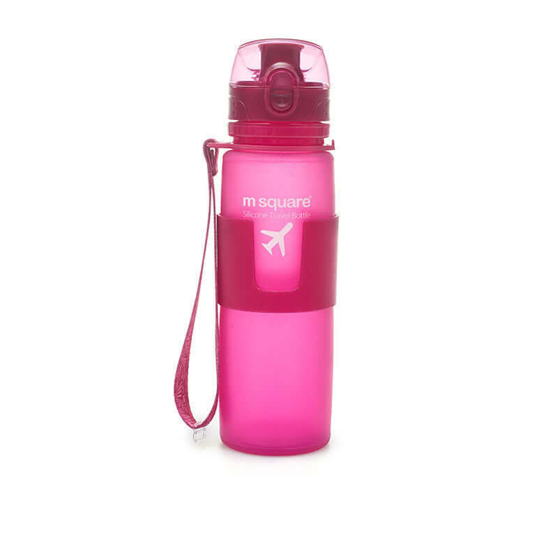 Lightweight pink portable water bottle made of platinum silicone, ideal for outdoor activities like riding and mountaineering.