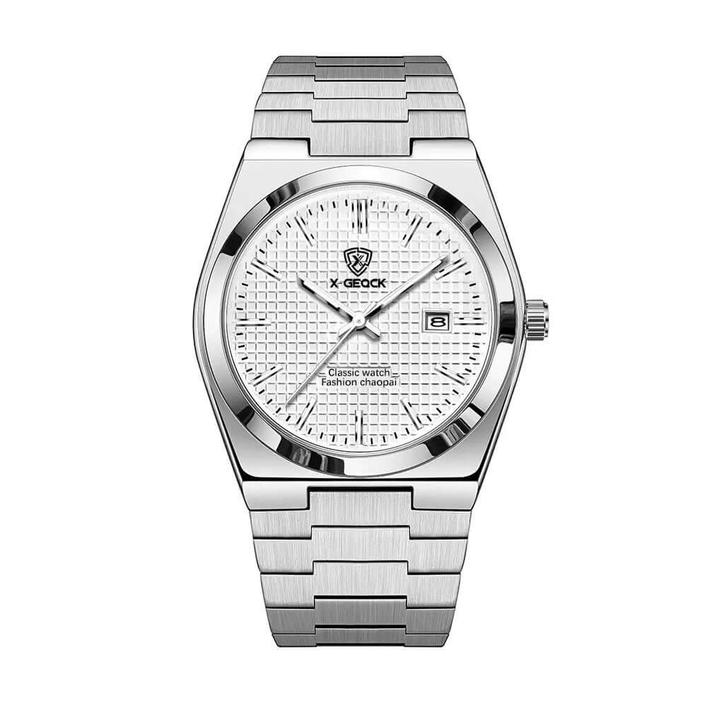 Men's quartz wrist watch with silver steel band and white textured dial, sleek design by BONEHEAD PRO-CREATIONS.