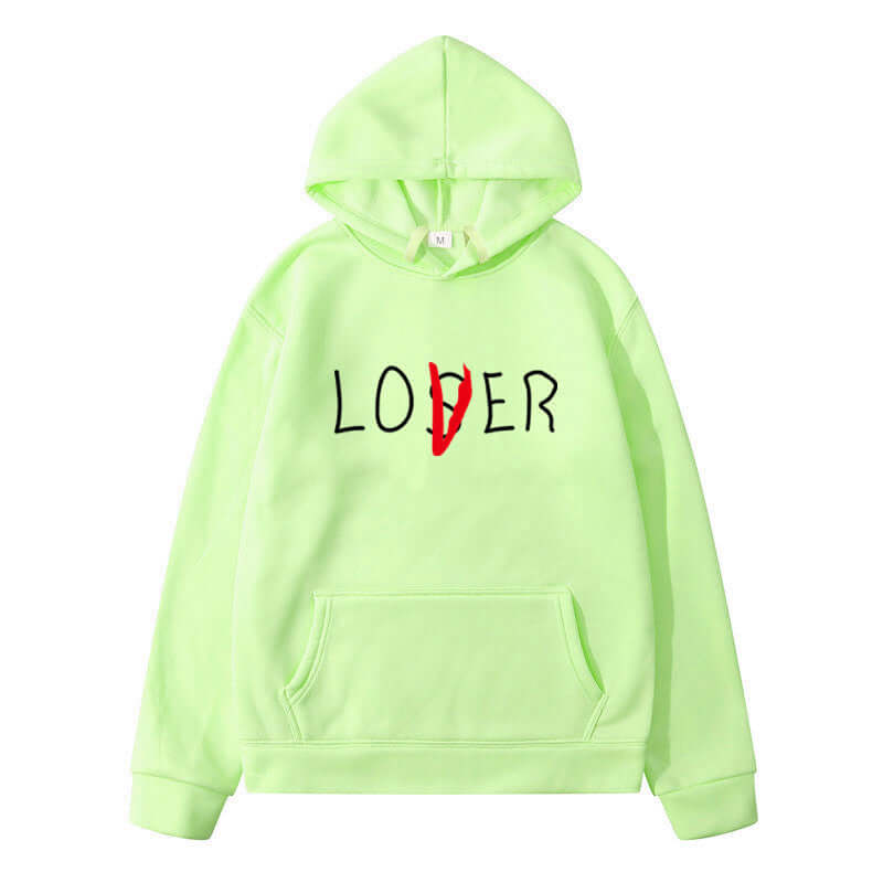 Lover print hoodie in neon green, designed for couples, perfect for casual winter wear.