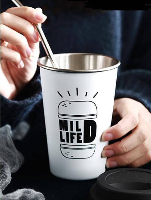 ROKEN stainless steel cup with lid and straw, burger white design, perfect for outdoor and home use.