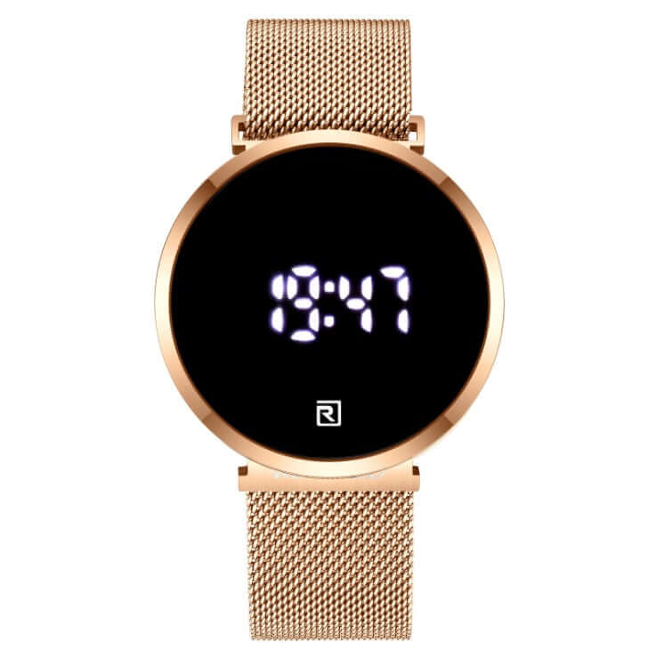 Digital men's watch with a gold mesh band, luminous display, and quartz movement by BONEHEAD PRO-CREATIONS.