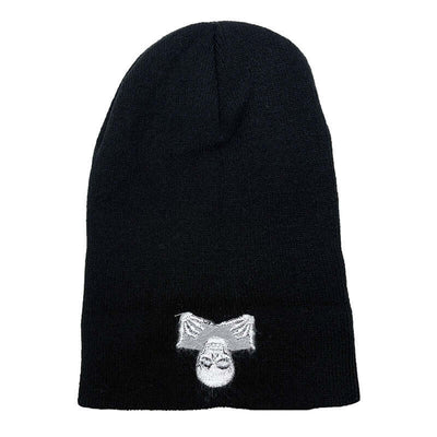 Black knitted hat for men and women with embroidered design, ideal cold weather accessory by BONEHEAD PRO-CREATIONS.