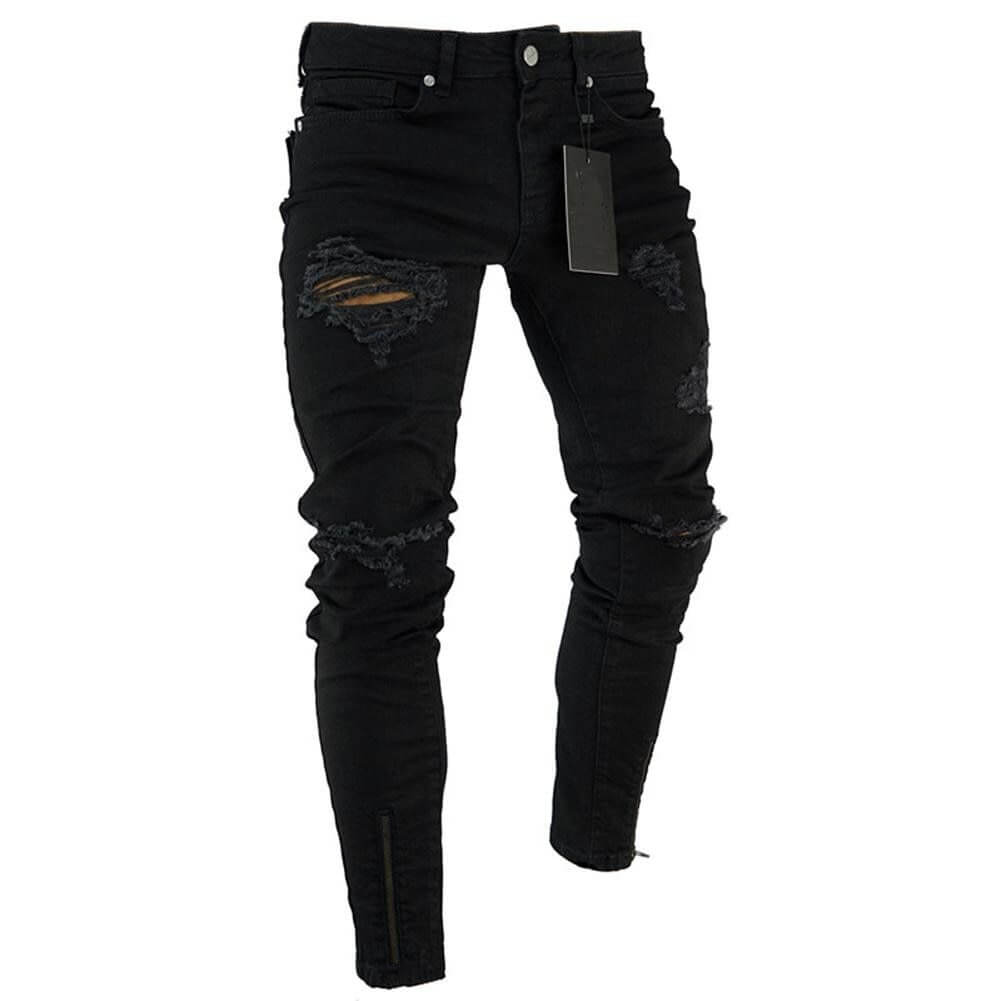 Black ripped pencil jeans for men, featuring high elasticity and a low waist design, ideal for casual wear.