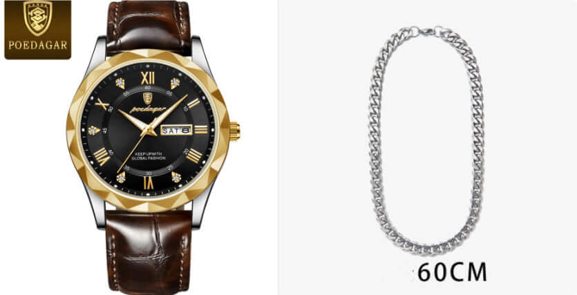 Luxury men’s quartz wristwatch with brown leather band and gold accents by POEDAGAR, alongside a 60cm silver chain.