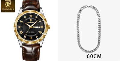 Luxury men’s quartz wristwatch with brown leather band and gold accents by POEDAGAR, alongside a 60cm silver chain.