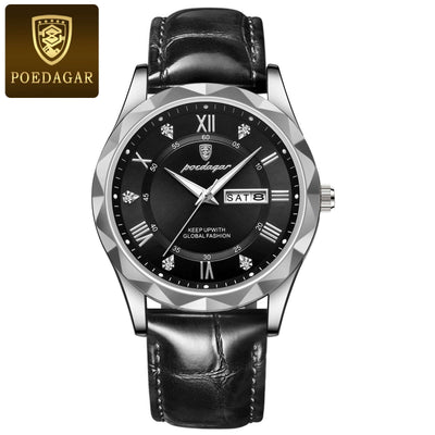 Men's luxury black leather band quartz wristwatch by POEDAGAR, featuring a stylish black dial and date display.