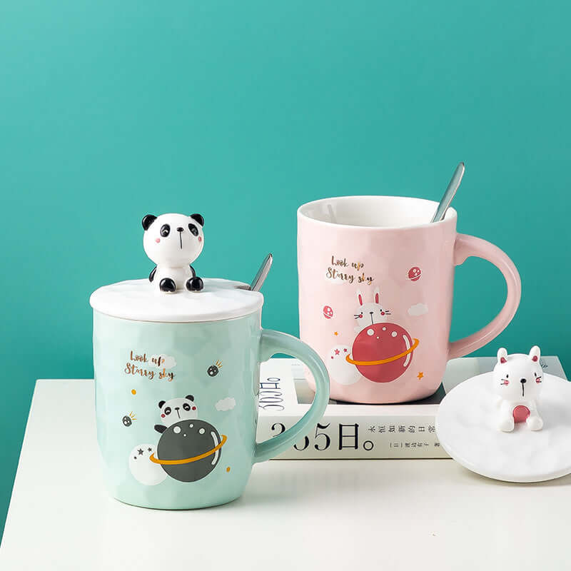 Creative ceramic animal cartoon mugs with panda and planet designs, perfect for home use. Ideal gift for all ages.