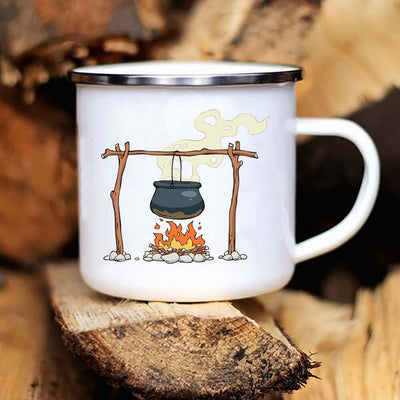 Caravan printed camping enamel mug with a pot over a fire, perfect for outdoor adventures and cozy gatherings.
