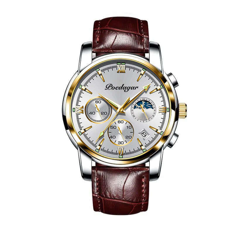 Elegant men's watch with silver and gold accents, featuring a brown leather strap and multiple dials for functionality.
