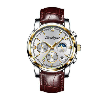 Elegant men's watch with silver and gold accents, featuring a brown leather strap and multiple dials for functionality.
