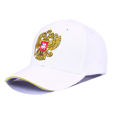 White baseball cap featuring embroidered eagle design, adjustable size, from BONEHEAD PRO-CREATIONS, ideal for spring and summer.