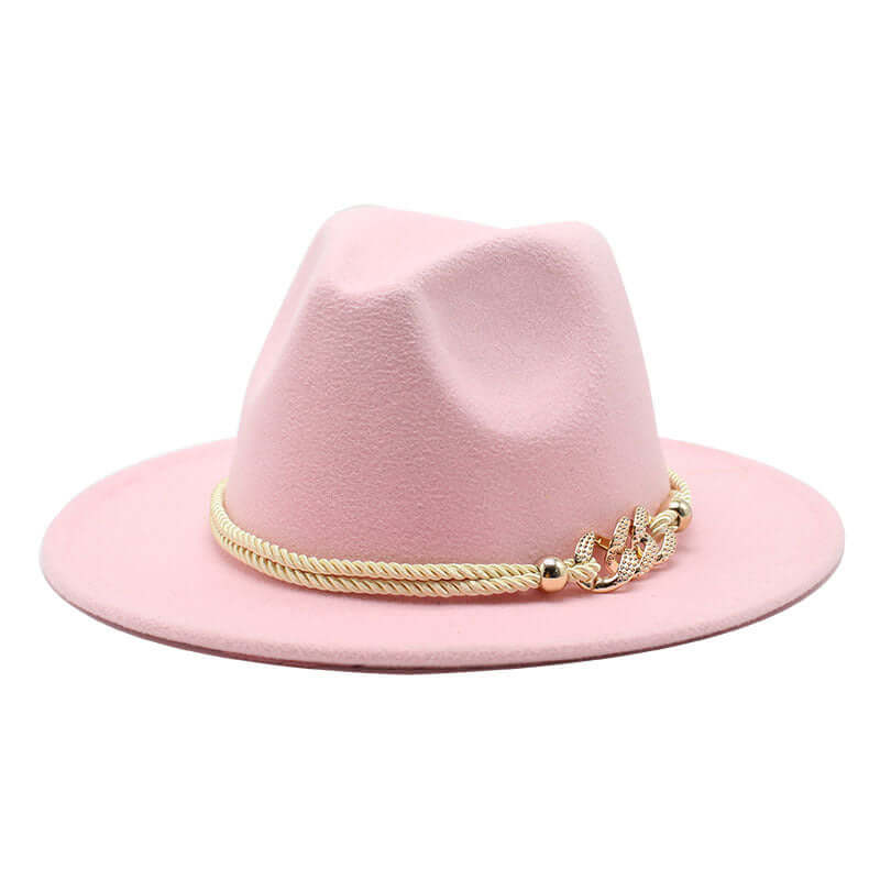 Women's pink fedora hat with gold rope accent, vintage style woolen accessory from BONEHEAD PRO-CREATIONS.