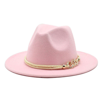 Women's pink fedora hat with gold rope accent, vintage style woolen accessory from BONEHEAD PRO-CREATIONS.