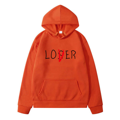Orange hoodie for men and women with printed 'LOVER' design, perfect for casual winter wear.