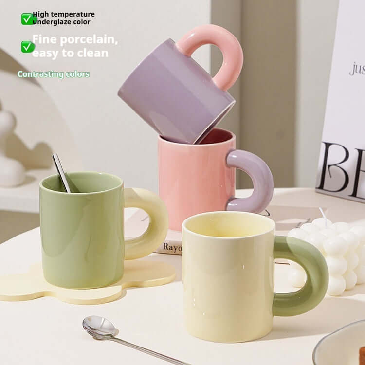Creative ceramic mugs in pink, purple, green, and beige. Perfect for hot beverages, 300ml capacity, easy to clean.