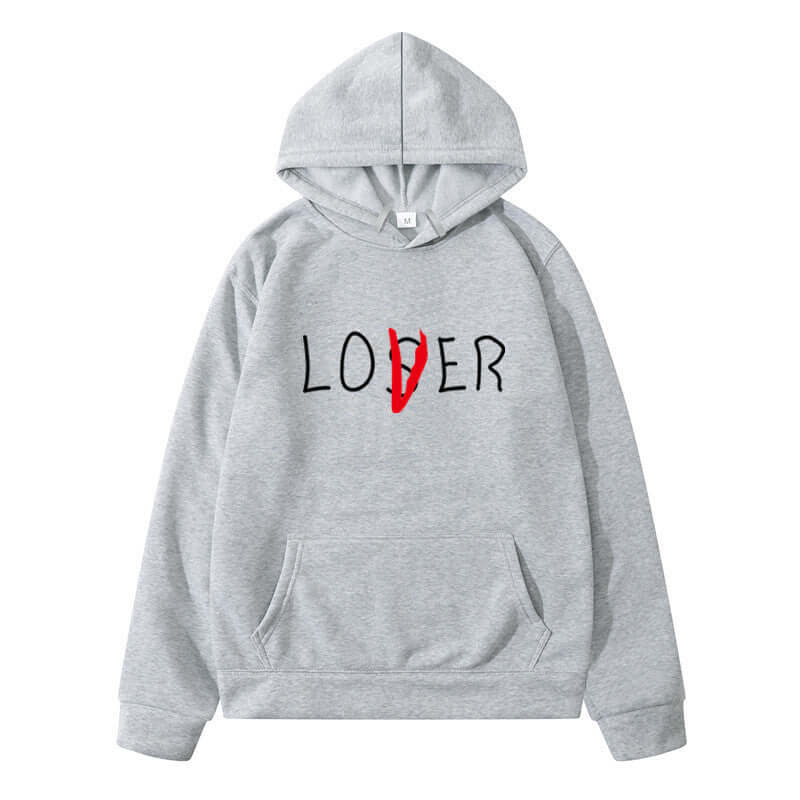 Men's and women's winter hoodie with 'LOVER' print, casual style, and comfortable polyester fabric.