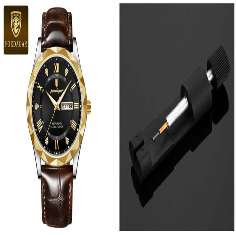 Luxury men's quartz wrist watch with leather band and gold accents, featuring date display and a stylish black dial.
