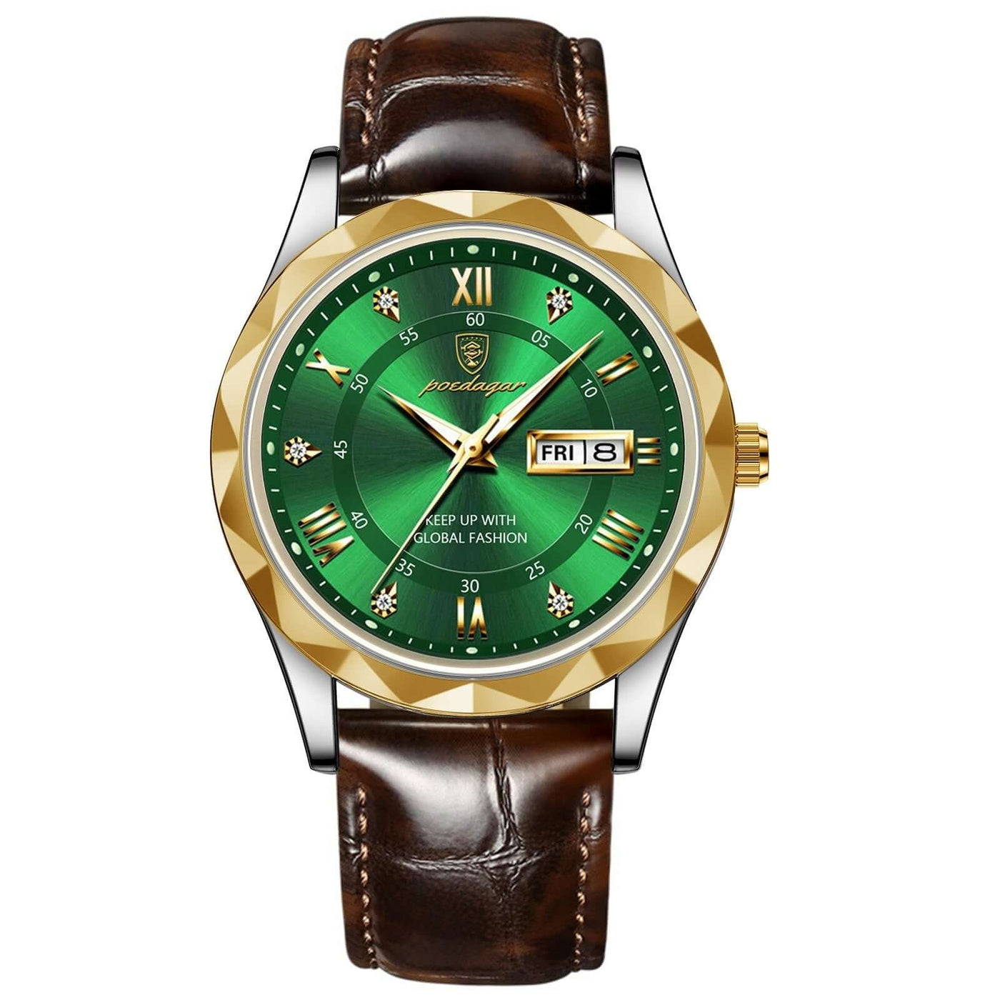 Luxury men's quartz wrist watch with green face, gold accents, and brown leather strap by BONEHEAD PRO-CREATIONS