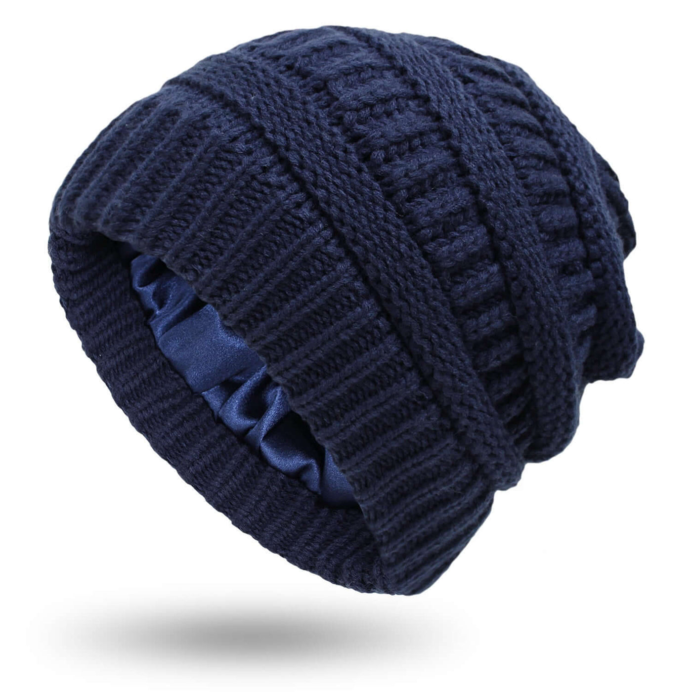 Navy knitted women's hat with satin lining, perfect for protective hairstyles in chilly weather by BONEHEAD PRO-CREATIONS.