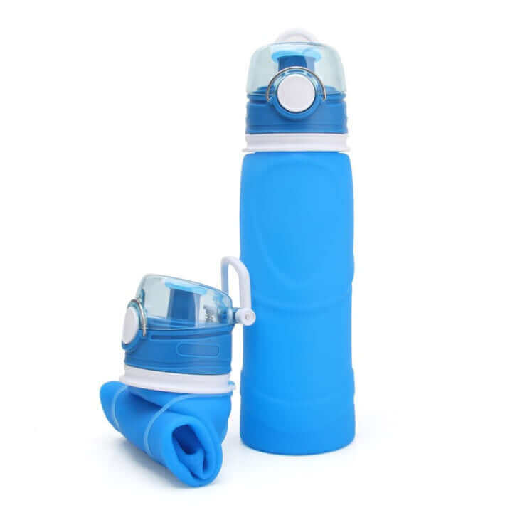 Silicone folding water bottles in blue, featuring a portable design and food-grade silicone, ideal for travel.