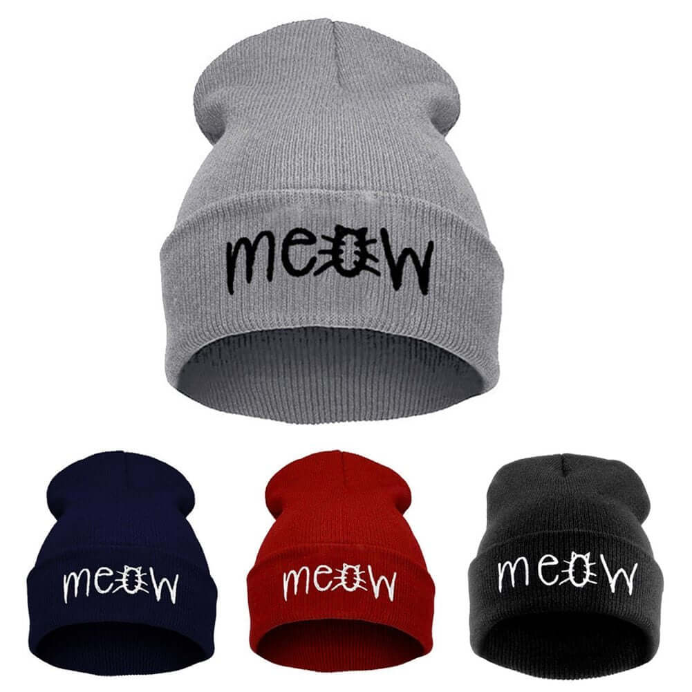 Autumn MEOW casual knit beanies in gray, red, navy, and black for men and women, perfect warm winter hats.