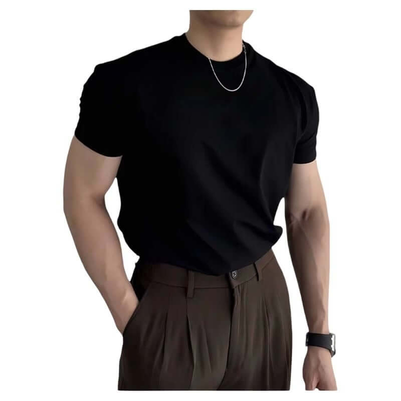 Men's slim fit black short-sleeved t-shirt with a regular sleeve for summer fitness wear.