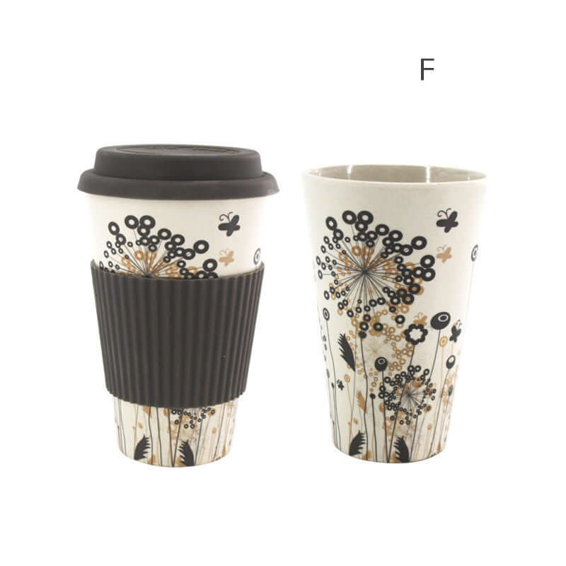 Modern bamboo fiber water cup with dandelion design, featuring a silicone lid and sleeve for convenience.