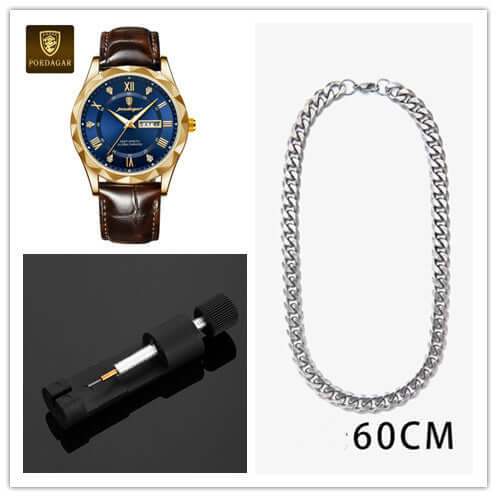 Luxury men's quartz wrist watch with brown leather band and blue dial, plus silver chain necklace and tool.