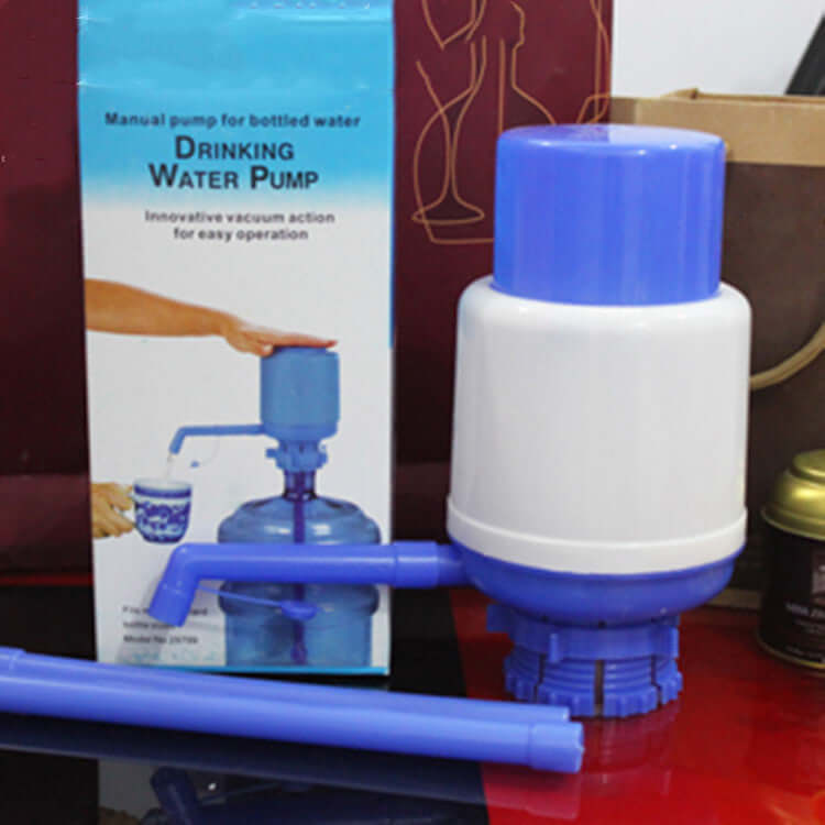 Manual water hand pump for bottled drinking water in blue and white; easy-to-use squeeze mechanism.
