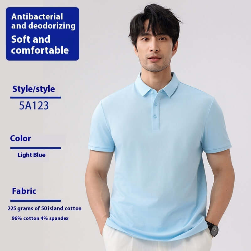 Light blue short sleeve polo shirt for men, made of soft and comfortable cotton, antibacterial and deodorizing fabric.