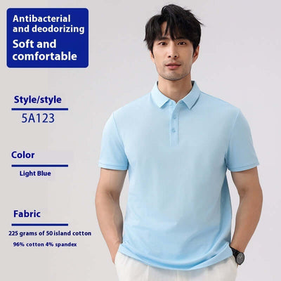 Light blue short sleeve polo shirt for men, made of soft and comfortable cotton, antibacterial and deodorizing fabric.