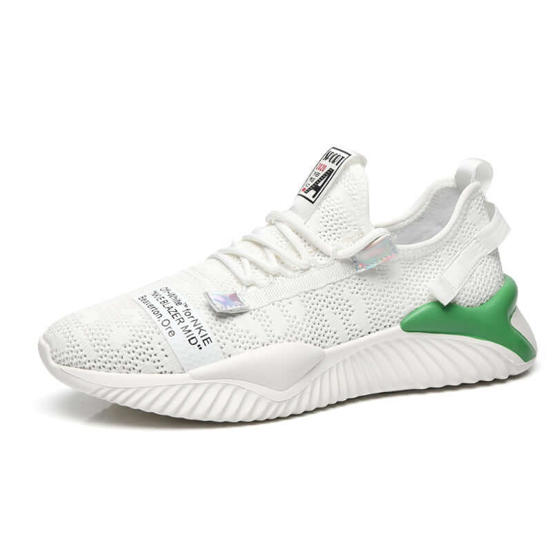 Breathable white casual shoes with green accent and mesh upper by BONEHEAD PRO-CREATIONS.