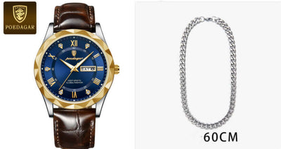 Luxury men's quartz wrist watch with blue face and leather band alongside 60cm silver chain, BONEHEAD PRO-CREATIONS.