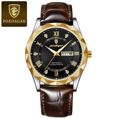 Men's luxury fashion quartz wrist watch with brown leather band and gold accents from POEDAGAR.
