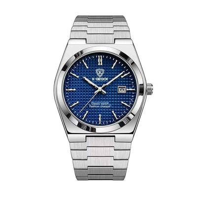 Men's quartz wrist watch with blue dial, silver steel strap, waterproof design, from BONEHEAD PRO-CREATIONS.