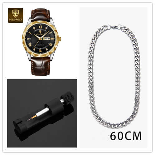 Luxury leather and gold quartz wristwatch, silver chain, and watch tool by BONEHEAD PRO-CREATIONS.