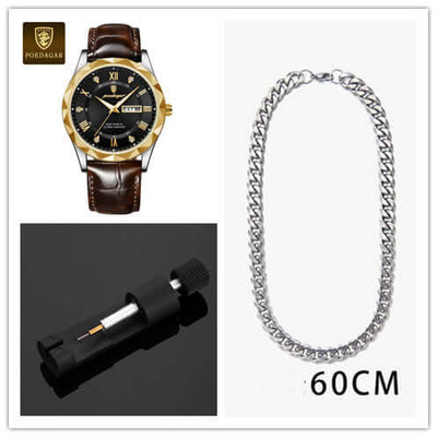 Luxury leather and gold quartz wristwatch, silver chain, and watch tool by BONEHEAD PRO-CREATIONS.