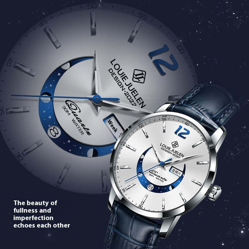 Master Moon Phase Luminous Waterproof Wrist Watch by BONEHEAD PRO-CREATIONS featuring sleek design and genuine leather strap.