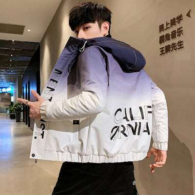 Men's thin gradient coat with pullover style, featuring dimensions and colors, suitable for winter leisure wear.