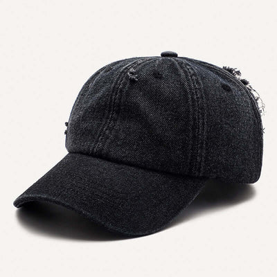 Black distressed denim baseball cap by BONEHEAD PRO-CREATIONS, suitable for all seasons, adjustable fit.