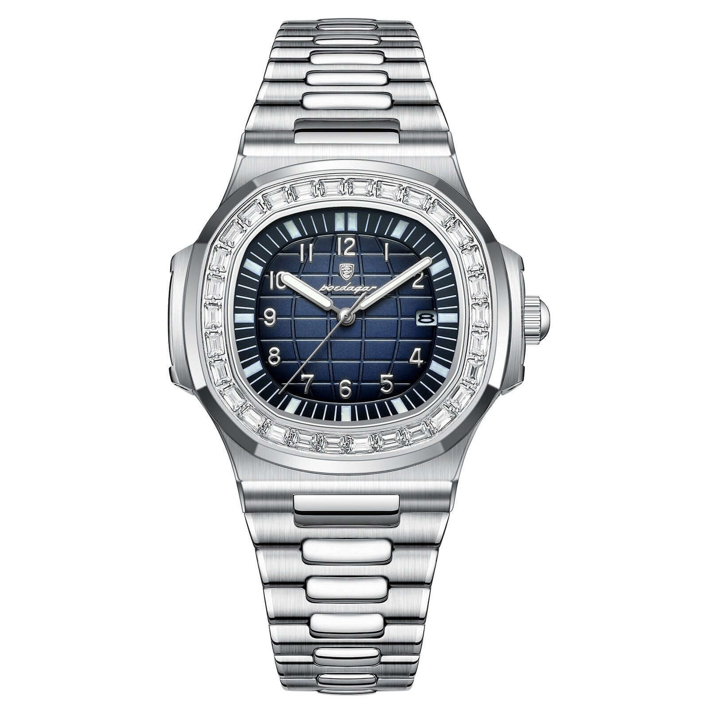 Men's luxury waterproof quartz wrist watch with blue dial and stainless steel strap by BONEHEAD PRO-CREATIONS.