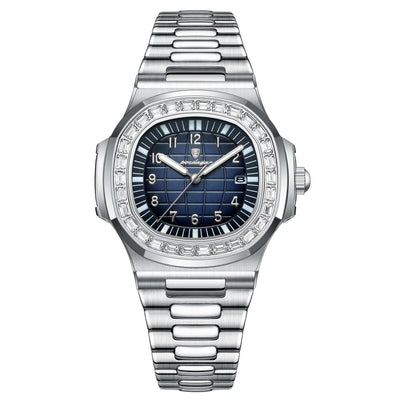 Men's luxury waterproof quartz wrist watch with blue dial and stainless steel strap by BONEHEAD PRO-CREATIONS.