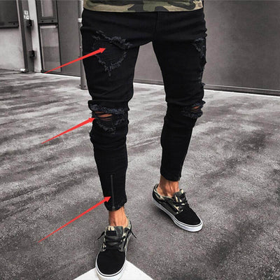 Men's black ripped skinny jeans with distressed details, perfect for casual wear and featuring high elasticity.