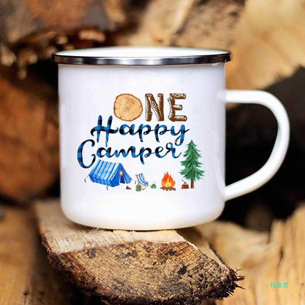 Enamel camping mug featuring 'One Happy Camper' design, perfect for outdoor adventures and everyday use.