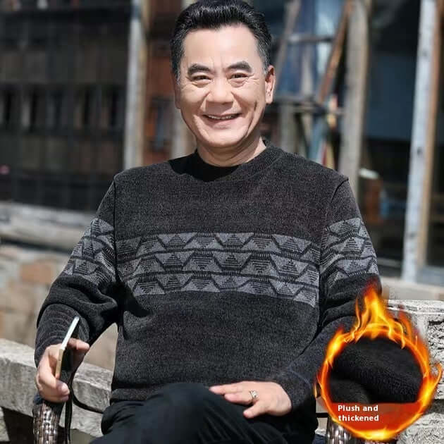 Smiling middle-aged man wearing a winter fleece-lined pullover sweater, showcasing plush and thickened fabric.