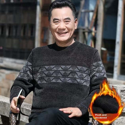 Smiling middle-aged man wearing a winter fleece-lined pullover sweater, showcasing plush and thickened fabric.
