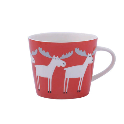 Red ceramic mug featuring white moose design, perfect for cozy coffee moments, 301-400mL capacity.