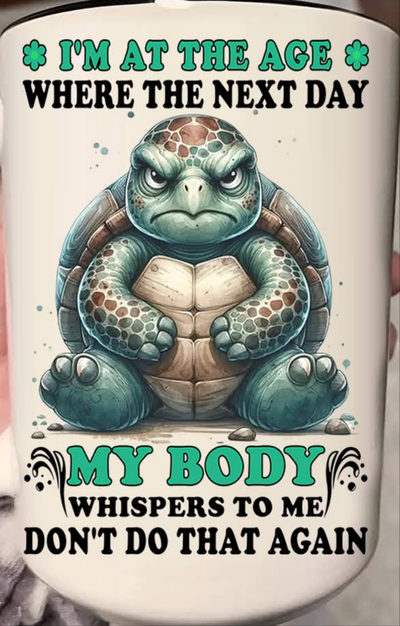 Cartoon turtle character with humorous aging quote, promoting BONEHEAD PRO-CREATIONS' My Body aging solution.