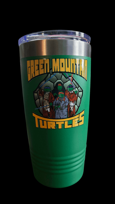 BONEHEAD PRO-CREATIONS green tumbler featuring 'Green Mountain Turtles' design with vibrant characters.
