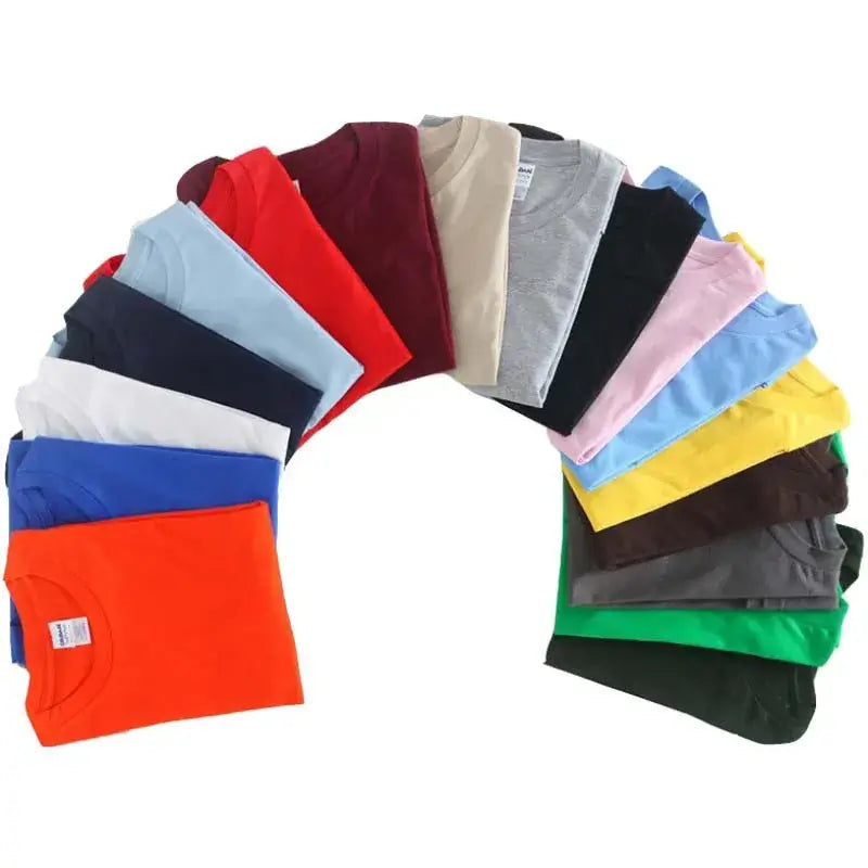 Colorful collection of unisex t-shirts in various shades including red, blue, green, gray, and more, arranged in a fan shape.
